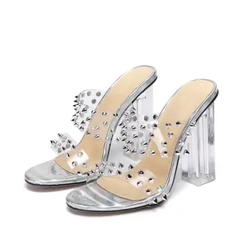 Sapatos femininos verão as Mulheres de PVC Salto Alto Grosso de Salto 11cm Cabeça Redonda Sandálias e Chinelos Transparente Stud Silver