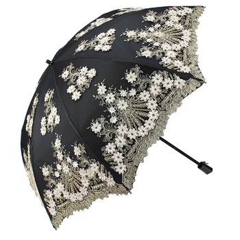 Duplo Protetor solar Guarda-chuva de Proteção de UV do Laço Bordado de Flores guarda-chuva chuva mulheres de mini guarda-chuva Dobrável de Dupla utilização, Guarda-Sol