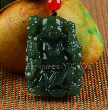 Belo Verde Natural HeTian Jade Esculpida Chinês Larghing Buda Amuleto Da Sorte Pingente + Grátis Colar Certificado De Finas Jóias