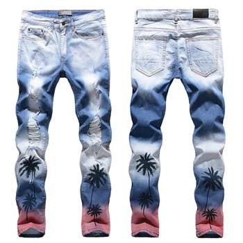 Novos Homens da moda masculina casual de coco palm impresso colorido ripped jeans Slim fit buracos angustiado jeans stretch calças calças