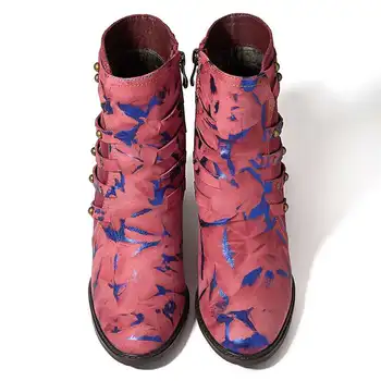 Socofy Moda Rebite De Alta Calcanhar Ankle Boots Para As Mulheres Sapatos De Mulher Apontou Toe Zíper Emenda De Couro Genuíno Botas De Inverno Mujer