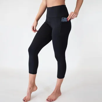 Fitness Legging Mulheres Trabalham Fora Bolsos Laterais de Poliéster Sólido Calças de Cintura Alta Elasticidade Senhora Legging Nono calças