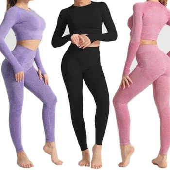 Manga Longa Conjunto De Yoga Crop Top E Calças Apertadas De Treino Sportswear Sem Emenda Do Roupa Esportiva Para Mulheres