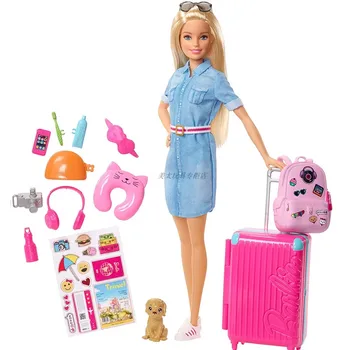 Original Boneca Barbie Viajar Com Cachorro Mala Playset Menina de Brinquedo de Presente Engraçado Com Acessórios Vários Adesivos Menina Presentes FWV25
