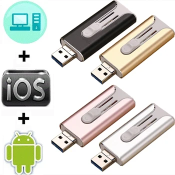 Quente! OTG USB Flash Drive Para Apple iPhone iPad 16GB 32GB 64GB de Memória USB 3 em 1 OTG para Android PC Pendrive de 128GB de 256GB 3.0