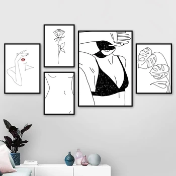 Nordic Minimalista Garota Sexy Corpo da Linha do Biquini Cartaz Flor Rosa Tela de Pintura de Parede, Imagens de Arte para a Sala de Casa Cuadros Decoração