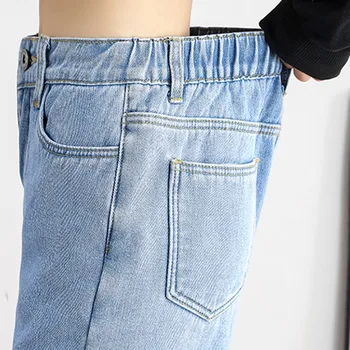 Inverno De Calças De Brim Das Mulheres Da Forma Vintage Veludo Quente Harém Jeans Plus Veludo Solta Cintura Alta Casual Calças De Senhoras Em Linha Reta Calças