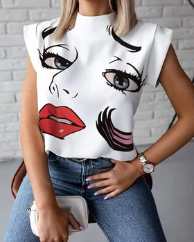Mulheres Elegantes Lábios de Impressão blusa camisas de Verão Casual fique Pescoço 