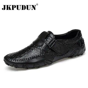 JKPUDUN Homens Casuais Sapatos de Couro Genuíno De 2018 Mens Sapatos de marcas de Luxo de Moda Respirável Condução Tênis Slip On Confortáveis Mocassins