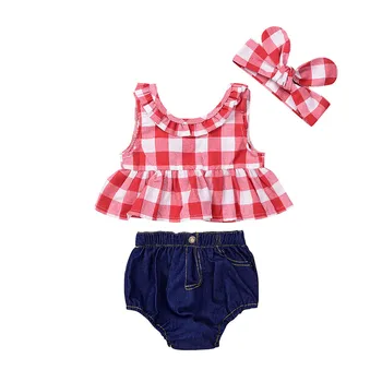 MUQGEW 2019 Bebê do Verão do Bebé Xadrez Contornei T-shirt Tops+Shorts Jeans de Roupas de bebê, roupas de menina Recém-nascidos Roupas de #06