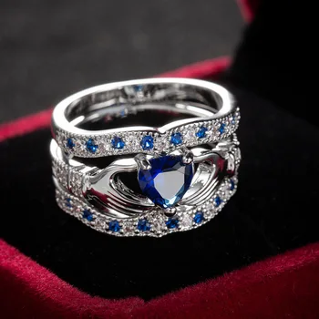 Luxo CZ Pedra do Anel de Noivado Parte do Presente Nupcial do Amor do Coração Promessa de 3 peças de Casamento anel de Banda Declaração de Jóias para as Mulheres