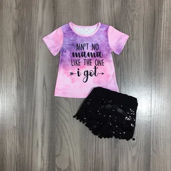 Primavera De Meninas Bebê Cor-De-Rosa Tie Dye Camisa Preta Sólida Curto De Lantejoulas Roupa De Verão