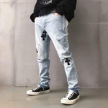 2021Men Jeans Moda Streetwear Bordado cruz Ripped Jeans Slim Calças de Harajuku Hip hop Gótico