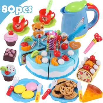 37-80Pcs DIY Brincar de faz de conta Fruto do Corte do Bolo de Aniversário de Alimentos da Cozinha Brinquedos Cocina De Juguete Brinquedo Azul cor-de-Rosa Meninas de Presente para as Crianças