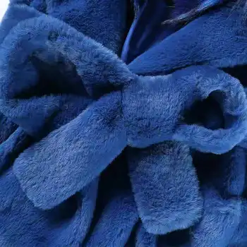 Invierno Azul Falso Coelho Casaco De Pele De Fêmea Longa Gola De Pele Removível Cinto De Peles Outwear Mulheres 2020 Inverno Pocket Preto B15