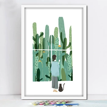 DIY de Pintar por Números de Cactus Menina e o Gato de Verão Arte de Parede Artesanais Decorativos