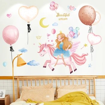 [shijuekongjian] Menina dos desenhos animados do Unicórnio Adesivos de Parede DIY Balões de Adesivos de Parede para Quarto de Crianças do Quarto do Bebê do Berçário Decoração da Casa
