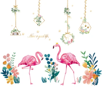 [shijuekongjian] Flamingo Animal Adesivos de Parede DIY Chlorophytum Flores Adesivos de Parede para Sala de Decoração do Quarto do Bebê