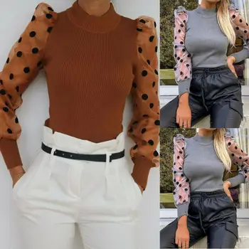 Mulher enorme, de Malha de Ver através de Blusa 2020 Nova Moda Elegante Polka Dot Puff Tops de Manga Longa, Camisa de Gola alta Queda Blusa