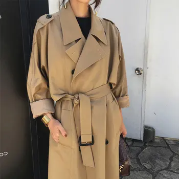Outono Moda Streetwear Luxo Senhoras de abotoamento Duplo casaco Longo Clássico Solta Mulheres Plus Size Capa de chuva Outerwear