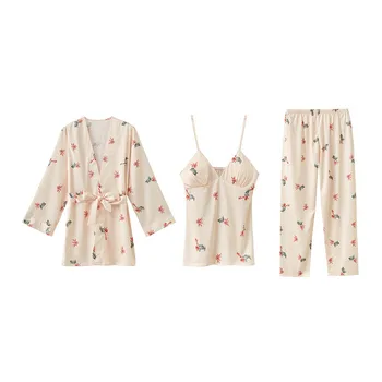 M-XL Mulheres Pijama Conjuntos de Quimono Manto 3PC Cinta de Topo com o Terno de roupa de dormir Camisola Sexy Lady Casa Desgaste Banheira Vestido Nightdress