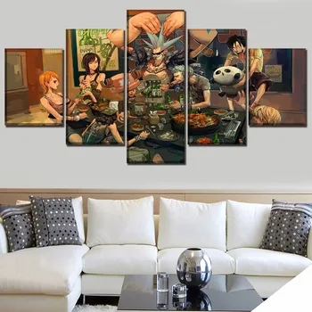 Tela HD de Impressão Modular Figura 5 Painéis de Anime One Piece Funções de Jantar Juntos Cartaz Casa Moderna Arte de Parede Decorativo Sala de estar