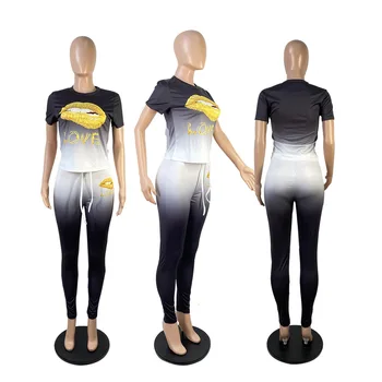 Mulheres Conjuntos de Gradiente Boca Carta de Impressão de Manga Curta Magro T-shirts, Tops e Desportivo Skinny Legging Calça Casual 2 Dois Pcs Roupas