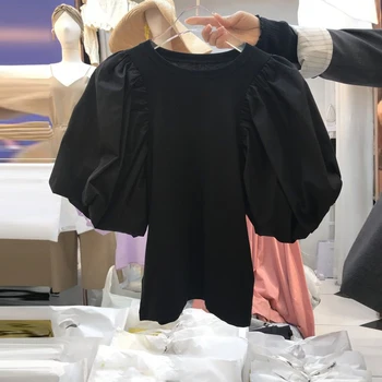 Nomikuma Puff Manga Curta Mulheres T-Shirts coreano O-pescoço Causal Topo Sólido Tees 2020 Verão Elegante Gráfica Tees Feminimos 6B240
