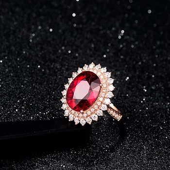 Bague Ringen Clássico 925 Siver de Luxo Anéis Com Rubi Oval cor do Ouro de Rosa ajustar mulher Jóias Festa de Presente de Casamento por atacado