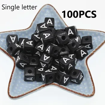 CHONGAI 100Pcs Cubo de Acrílico, Letra de Contas Único do Alfabeto de A A Z Quadrado Preto Pulseira Jóias de Tomada de Contas 10*10mm