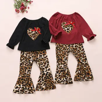 1-5Y de Criança de Bebê Garoto Meninas Leopard Conjunto de Roupa de Dia de são Valentim Roupas Coração de Amor Tops + Flare Pants Crianças Trajes de Primavera