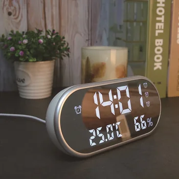 Digital do DIODO emissor de despertar Relógio Despertador, Relógios de Mesa Com a Temperatura Reveil Assistir Espelho USB Eletrônico Relógio de Mesa Despertador Oval Despertador