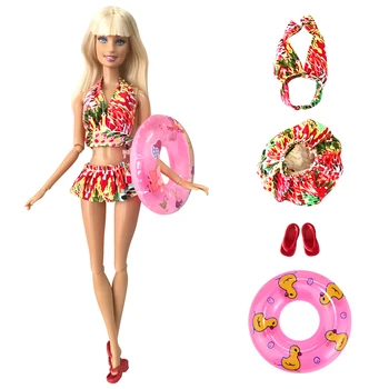NK 3 Pcs/Set Boneca trajes de Banho Roupas de Banho de Biquini Maiô SlippersSwimming Bóia salva-vidas Anel Para a Boneca Barbie Acessórios 001