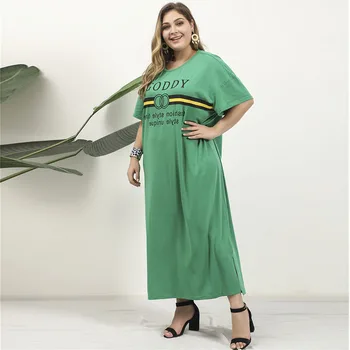 Feminino de verão plus size vestido longo para as mulheres grandes e soltos casual manga curta em linha reta imprimir O pescoço vestidos de verde 4XL 5XL 6XL 7XL