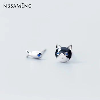 NBSAMENG 925 Brinco de Prata Pequena Assimétrica de Olho Azul Gato Peixe Brincos Para Mulheres Finas Jóias de Presente