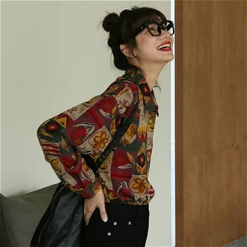 Blusas, Camisas de Mulheres Impresso Solta Primavera, Outono de Todos-jogo de Moda Harajuku Streetwear Alunos Vintage Retro Femme Camisa Nova