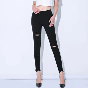 FSDKFAA coreano Mais o Tamanho de Cintura Alta Jeans Rasgados Lápis, Calças Slim Elástico de Alta Empilhados Calça Preta Skinny todas as Calças de correspondência