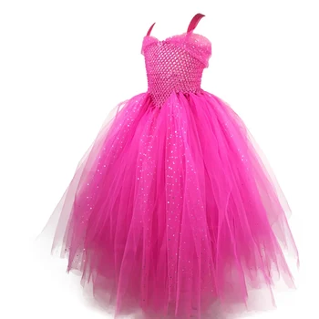 Garotas Quentes Cor-De-Rosa Glitter Tutu Vestido De Crianças De Crochê Brilho Tule Vestido Longo, Vestido De Baile Crianças Festa De Aniversário Traje Vestido De Princesa
