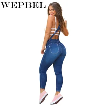 WEPBEL Mulheres Magro calças Jeans JARDINEIRAS, Calças Macacão de Tiras de Macacão Macacão de Calça com Bolso