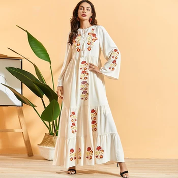 Siskakia Boêmia, Mulheres de Vestido longo, Elegante Bordado Floral Multi-camada plissado Maxi Vestidos de manga Longa solta Árabe Muçulmano Manto