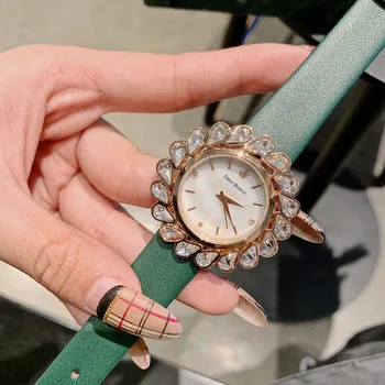 Suave cor-de-Rosa Relógios para as Mulheres mais novas Gota de Água da Flor de Cristal Assistir Real Impermeável de Couro da Marca do relógio de Pulso de Quartzo Reloj