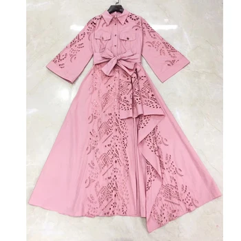 AELESEEN Pista Designer de cor-de-Rosa Vestido de 2020 Primavera de Manga Longa Plus Size Vestido de Ocos de Bordado Festa Irregulares Vestido em Algodão