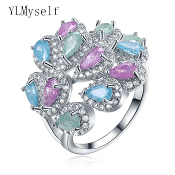 Alta qualidade de anéis coloridos melhores presentes para as mulheres aneis Verde Azul cor-de-Rosa gota de água cristal de zircão de jóias de Luxo, jóias anel