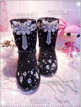 Linda borboleta pérola negra cheia de diamante do cristal de neve, botas de couro da jóia botas de neve