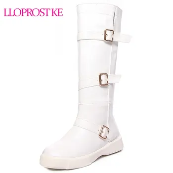 Lloprost ke tamanho Grande 34-43 de alta qualidade rebanho joelho alto botas de inverno plataforma quentes de pele de mulheres de preto branco fivela botas de neve D355