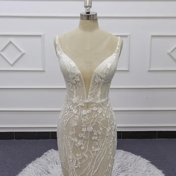 Luxo Osso Vestidos de Noiva Apliques de Renda Sereia Com Pena de Vestido de Noiva 2020 SJ434
