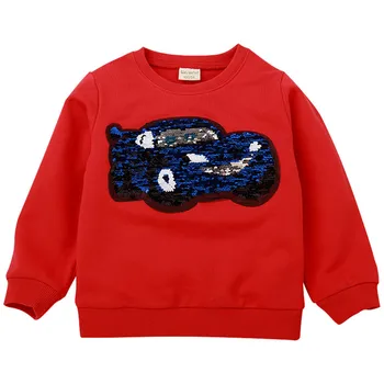 A Disney para crianças camisola carro vermelho de lantejoulas descoloração magia carro azul puro algodão, gola redonda, manga longa camisola de menino outono