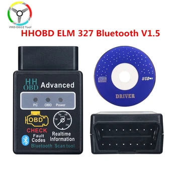 HH ELM327 OBD V1.5 Bluetooth Ferramenta de Verificação de Super Mini ELM 327 OBDII OBD2 PODE-ÔNIBUS Scanner de Diagnóstico HHOBD para Android Windows