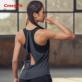 CrazyFit Yoga Superior Com Bras Sutiã Executando O Ginásio Do Tanque De Mulheres Treino De Fitness Feminino Abrir Novamente Tops Roupas Camisa Esporte