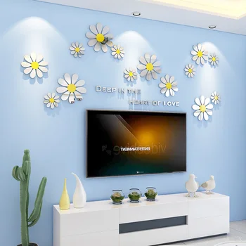 Criativo Daisy Adesivos Quentes Romântico Sala de estar, Quarto, Sofá-TV na Parede do Fundo 3d Acrílico cristal de Decoração Adesivos de Parede